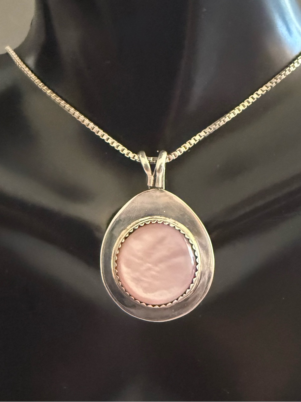 Native American Sterling Silver Mother of Pearl Pendant Necklace Signed CT